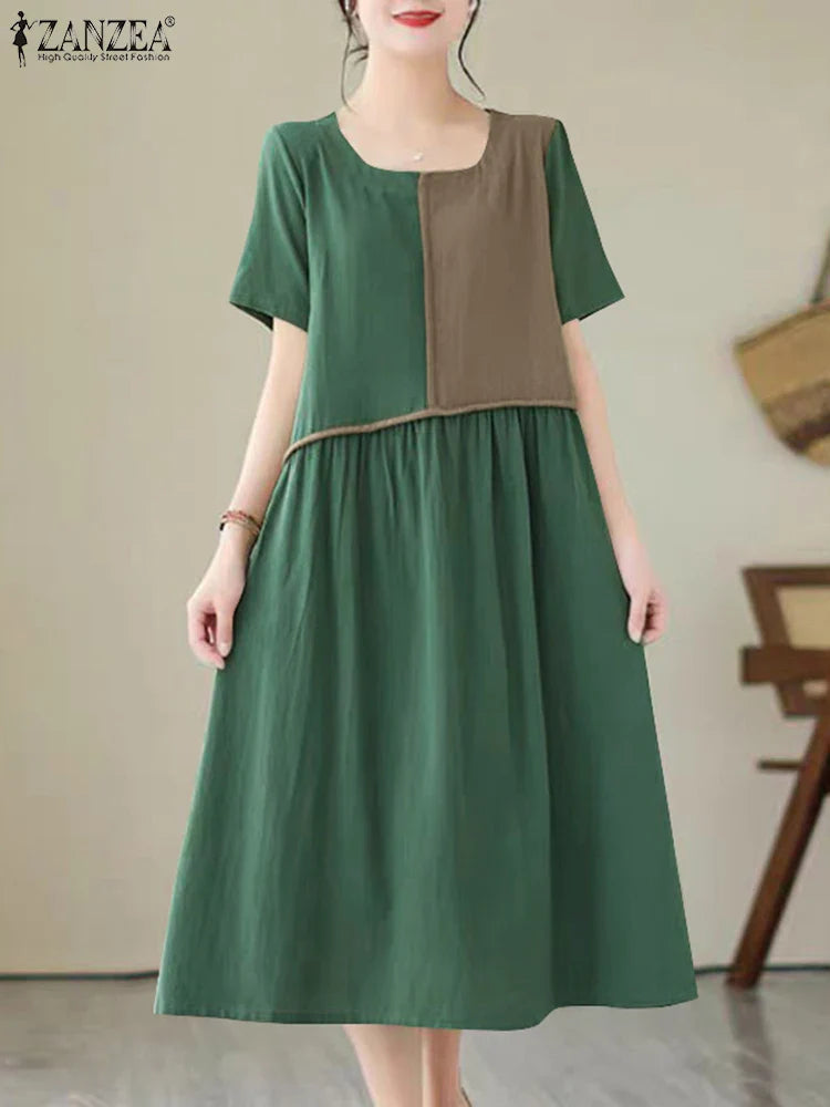 Women Patchwork Pleated Midi Dress Casual Aline Retro