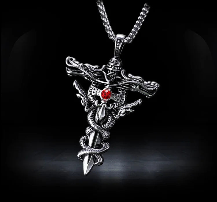 Punk Fashion Titanium Steel Necklace with Double Dragon Sword Pendant and Evil Eye Cross for Men