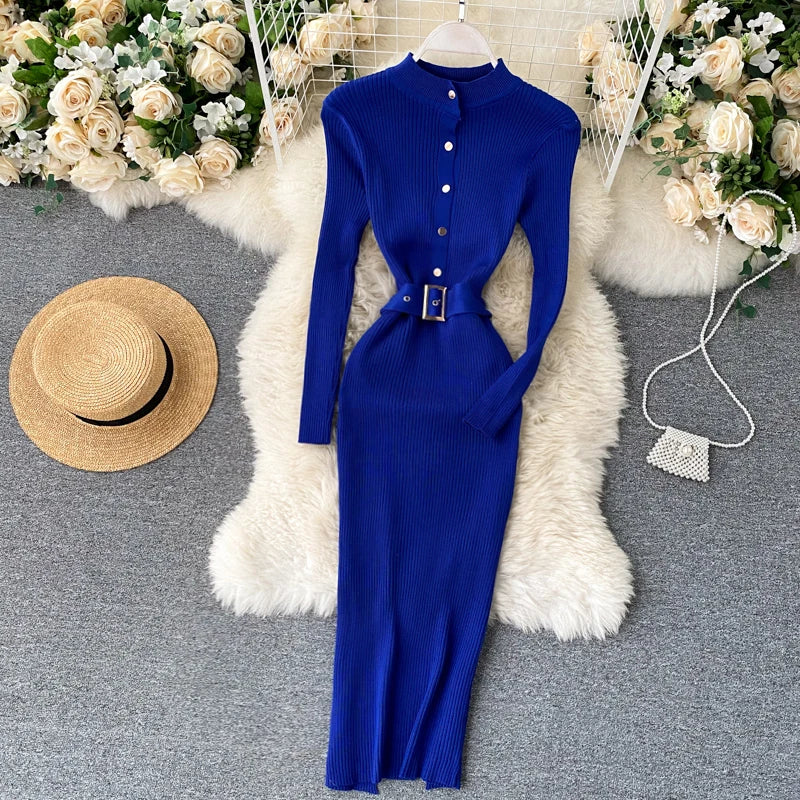 Womens Winter Knitted Dress Stand Collar With Sash Belt