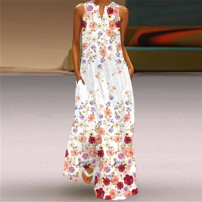 V Neck Sleeveless Printed Maxi Dress For Women Summer Style