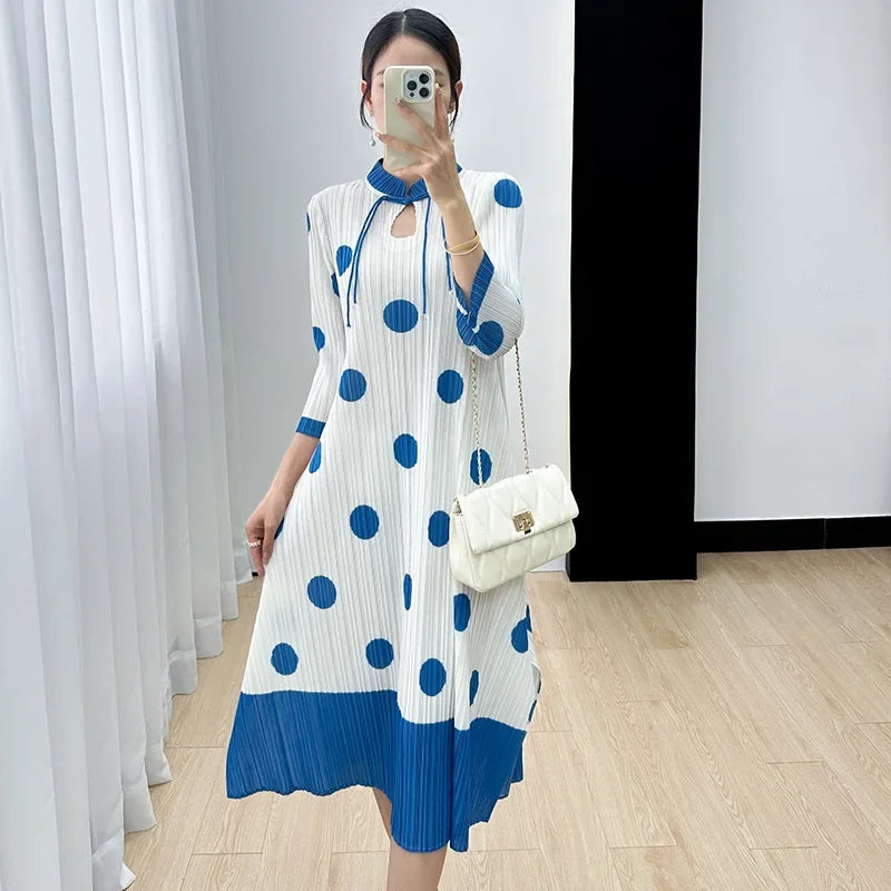 Polka Dot Pleated Dress for Women with Stand Collar
