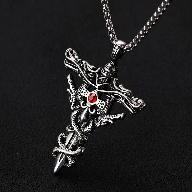 Punk Fashion Titanium Steel Necklace with Double Dragon Sword Pendant and Evil Eye Cross for Men