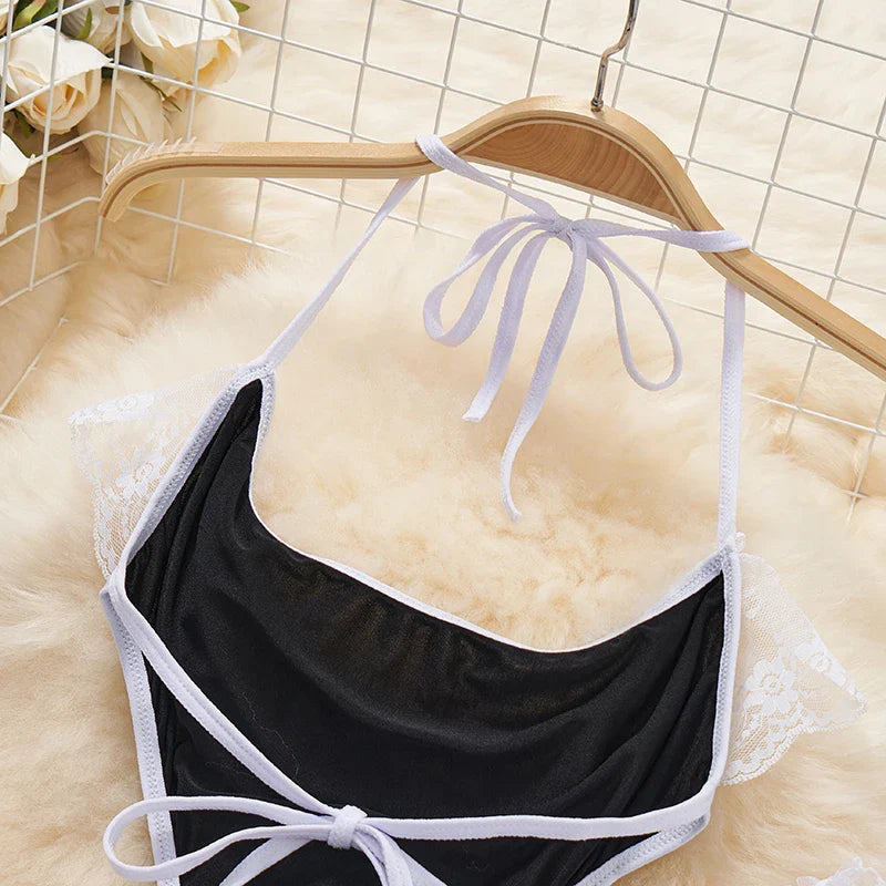 Sexy Lace-Up Lingerie Bodysuit Set with Mini Skirt Backless Patchwork Lace Edge Hollow Cosplay Maid Uniform