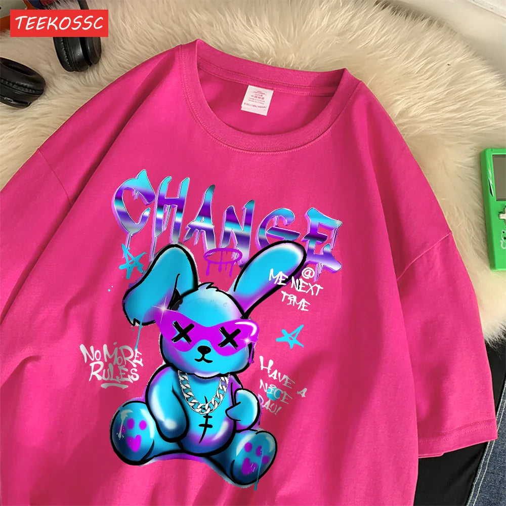 Trendy Cartoon Rabbit Print Summer T-Shirts for Women in Soft Cotton Short Sleeve Loose Fit Casual Tops