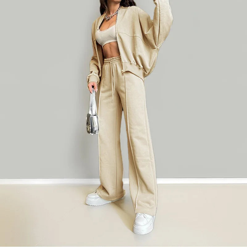 Women's Fleece-Lined Tracksuit Set with Hoodie and Casual Pants for Winter Comfort and Style
