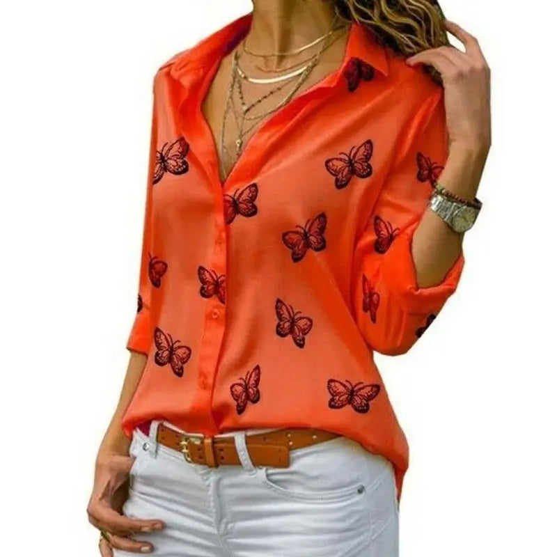 Elegant Women Butterfly Print Loose Fit Long Sleeve Blouse with Turn Down Collar Casual Oversized Office Shirt for Spring and Autumn