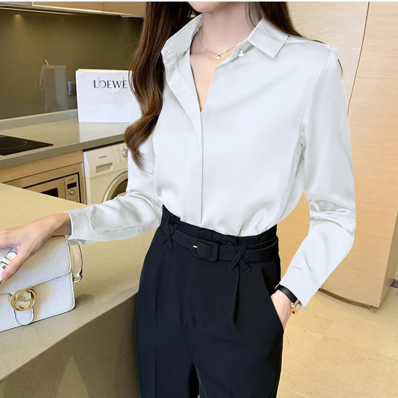 Elegant Satin Women Blouse Long Sleeve Shirt Autumn Fashion Tops for Ladies Office and Casual Wear