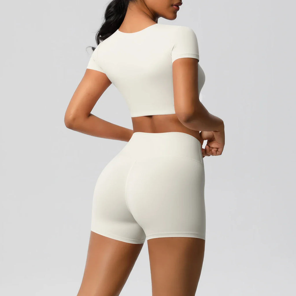 2PCS Women's Fitness Yoga Set High Waist Shorts with Short Sleeve Gym Top Seamless Sportswear Tracksuit for Activewear