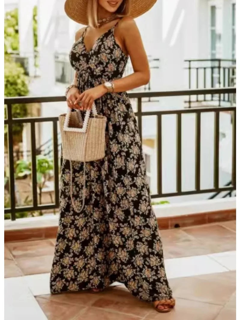 Bohemian Floral Chiffon Summer Dress With V Neckline