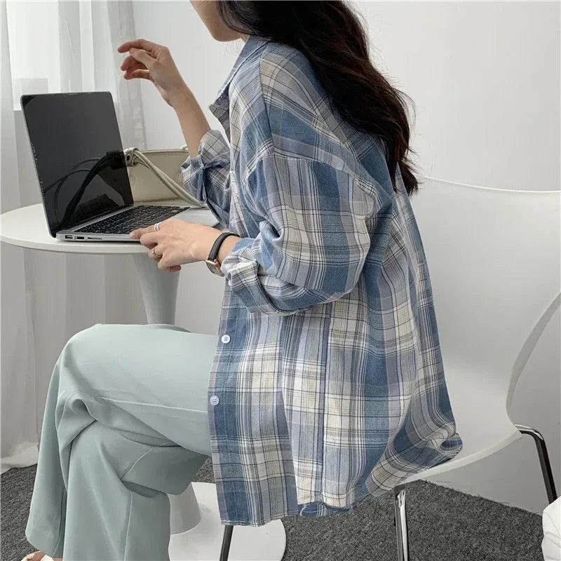 Casual Long Sleeve Plaid Blouse Mid Length Loose Fit Turn Down Collar Shirt for Women Autumn Winter Fashion Top