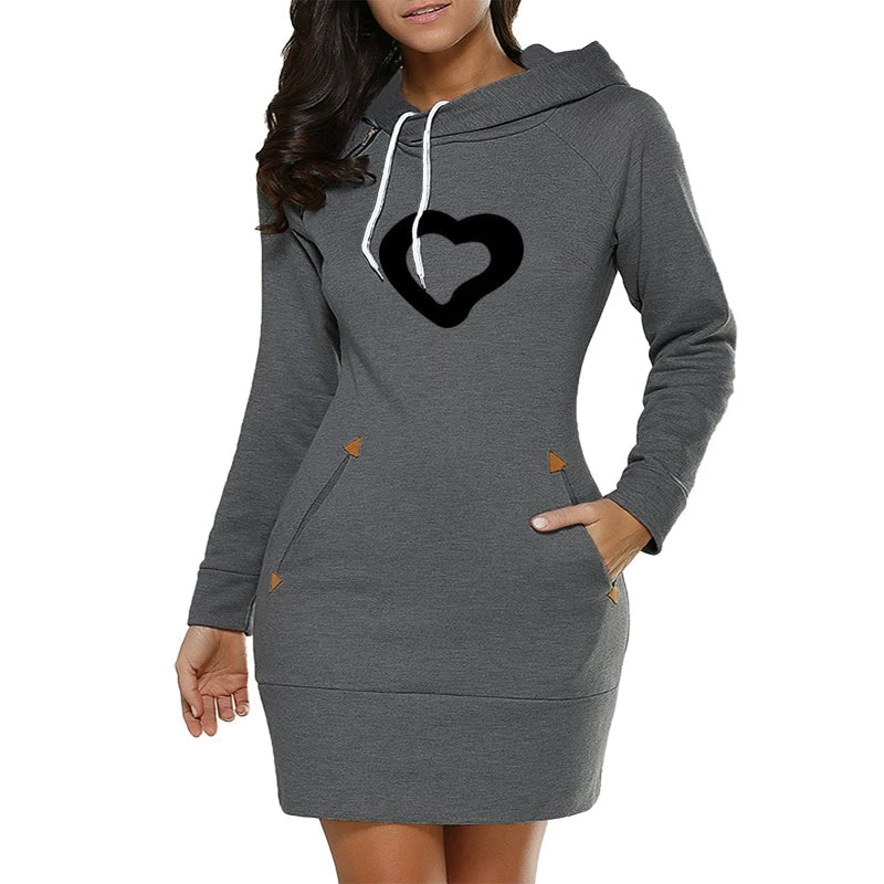 Womens Hooded Midi Dress With Pockets Zip Neckline Casual