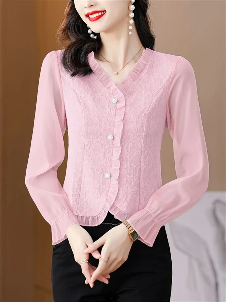 Women Casual Long Sleeve V-Neck Blouse Solid Color Lightweight Shirt for Spring and Autumn