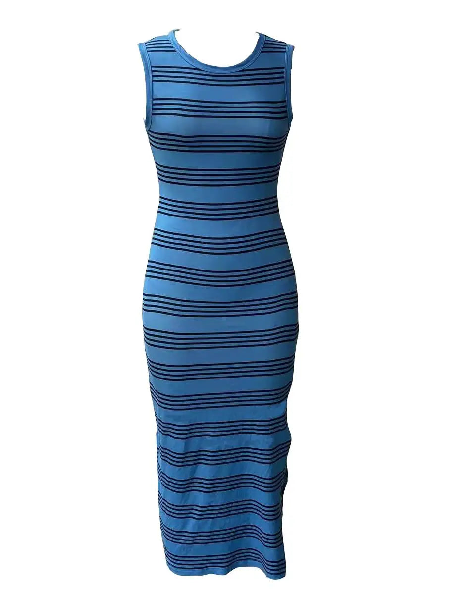 Casual Striped Knitted Midi Dress With Side Slit Summer