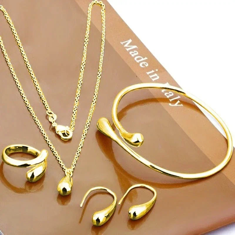 4PC Fashion Jewelry Set with Simple Rings Teardrop Necklace Bracelet and Earrings for Women