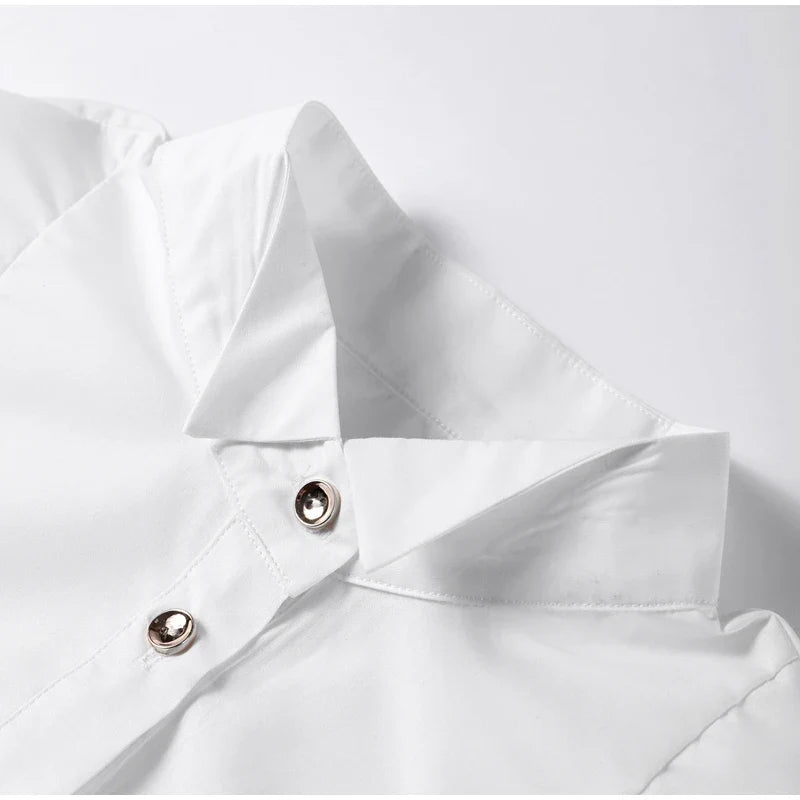 White Chiffon Shirt for Women with Lapel Collar Lantern Sleeves Single Breasted Irregular Hem Loose Fit Blouse Elegant Casual Top