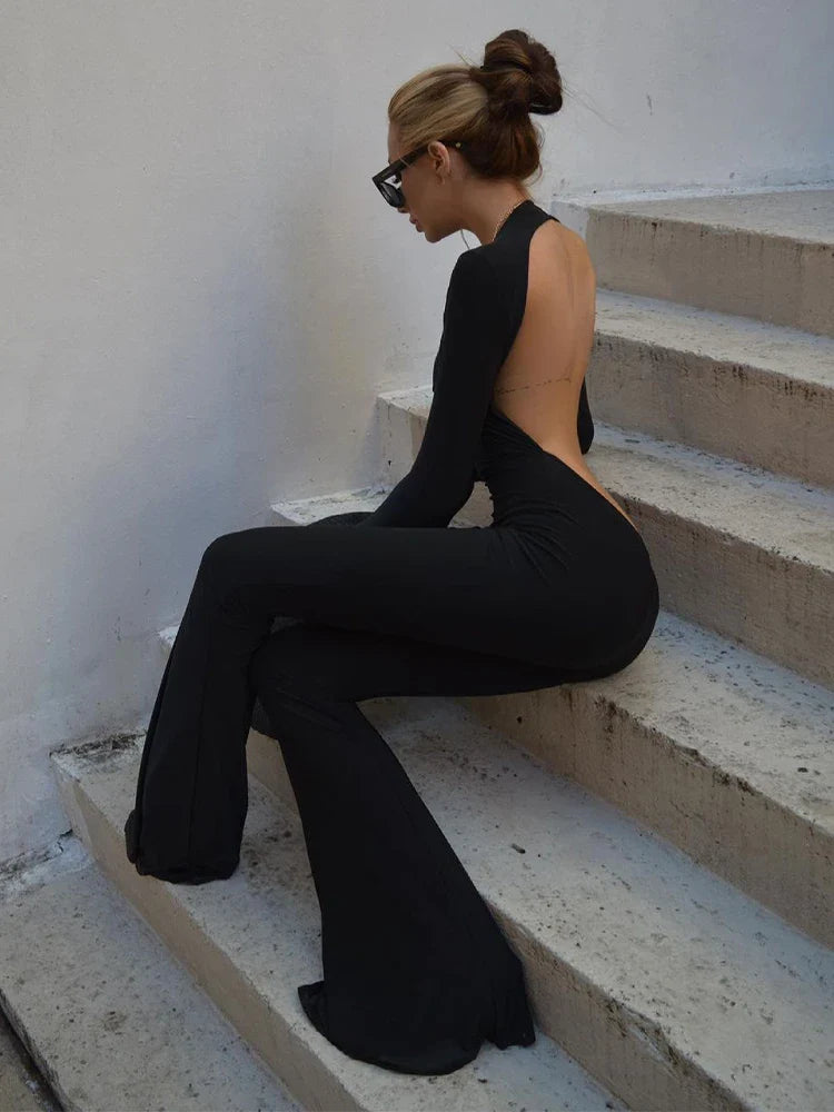 Junior Girls Slim Fit Ankle-Length High Street Jumpsuit Solid Color O-Neck Backless Fashion Romper