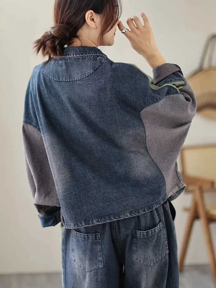 Womens Vintage Denim Two Piece Set with Printed Jacket and Casual Jeans