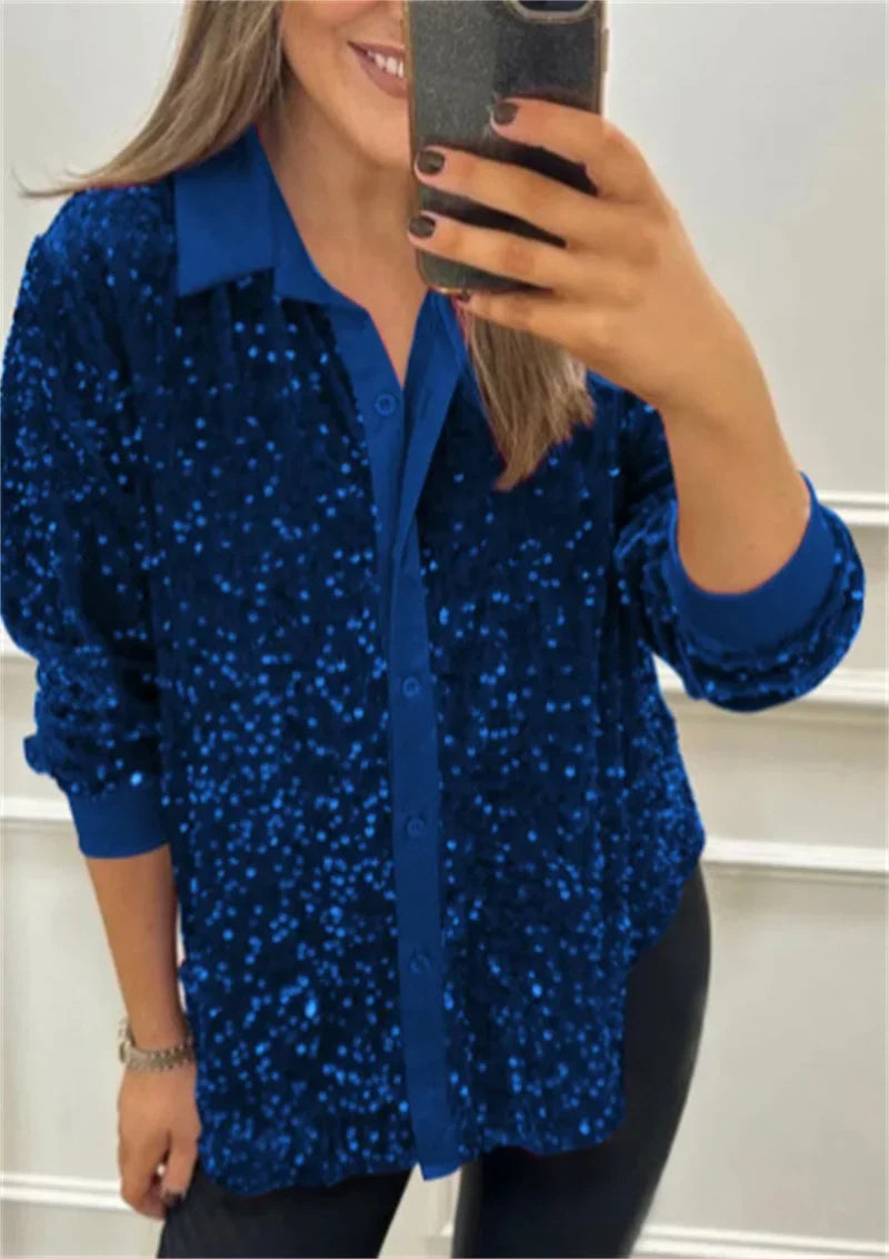 Sequin Lapel Women's Black Shirt Casual Glitter Loose Long Sleeve Single Breasted Retro Party Top Streetwear