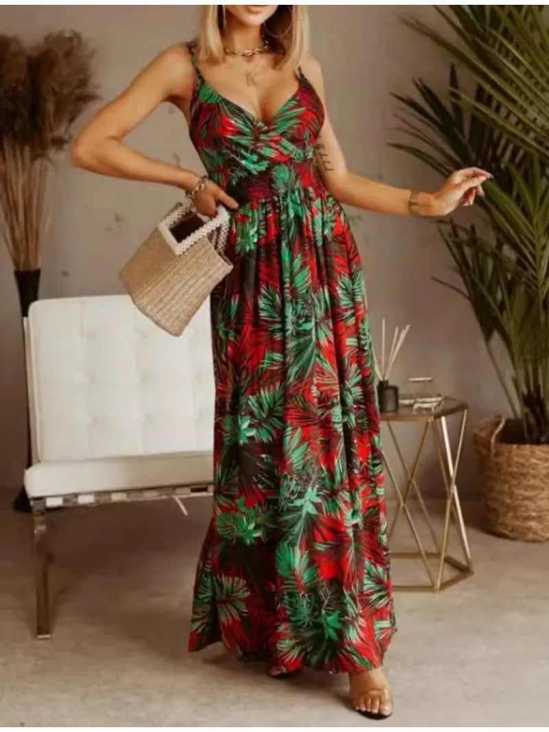Bohemian Floral Chiffon Summer Dress With V Neckline
