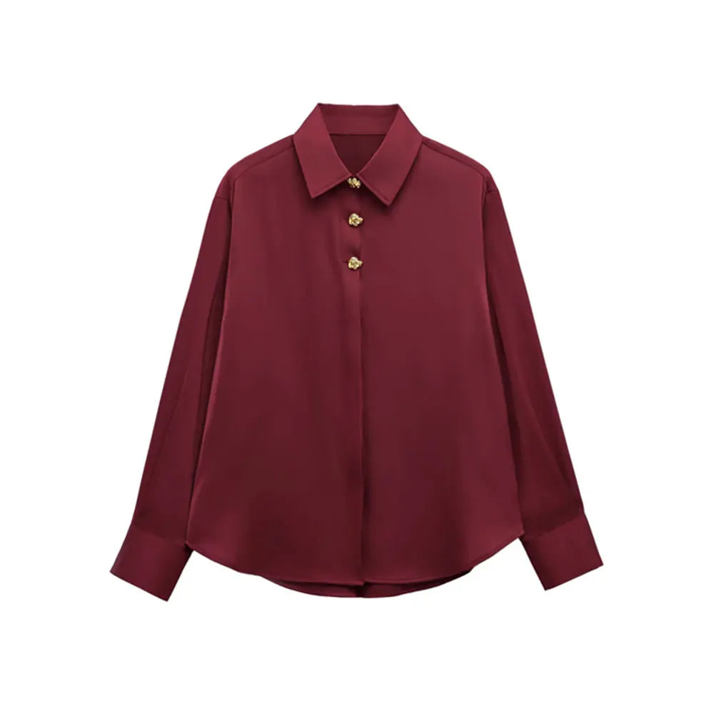 Long Sleeve Lapel Collar Blouse for Women with Fashion Gold Buttons Chic Elegant Office Shirt