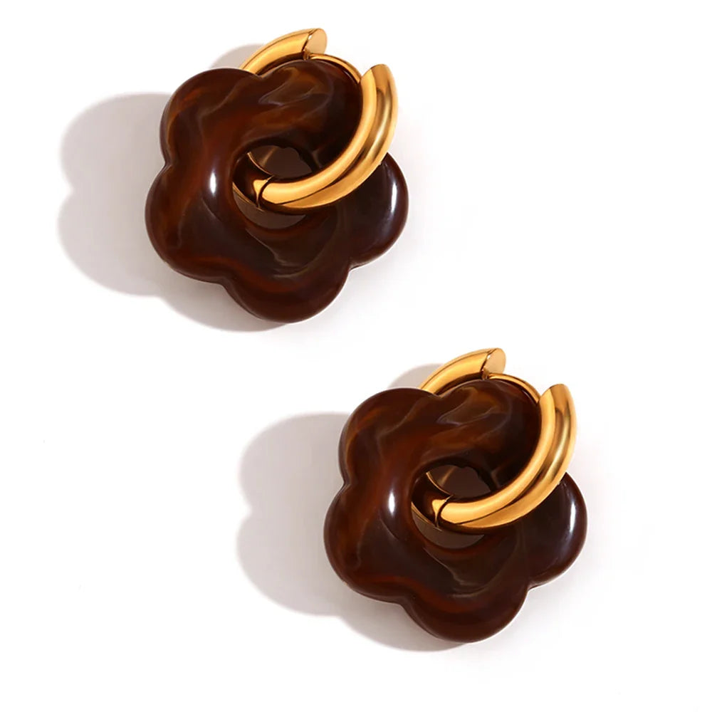 Colorful Resin Flower Drop Earrings for Women in Waterproof Stainless Steel Hoops