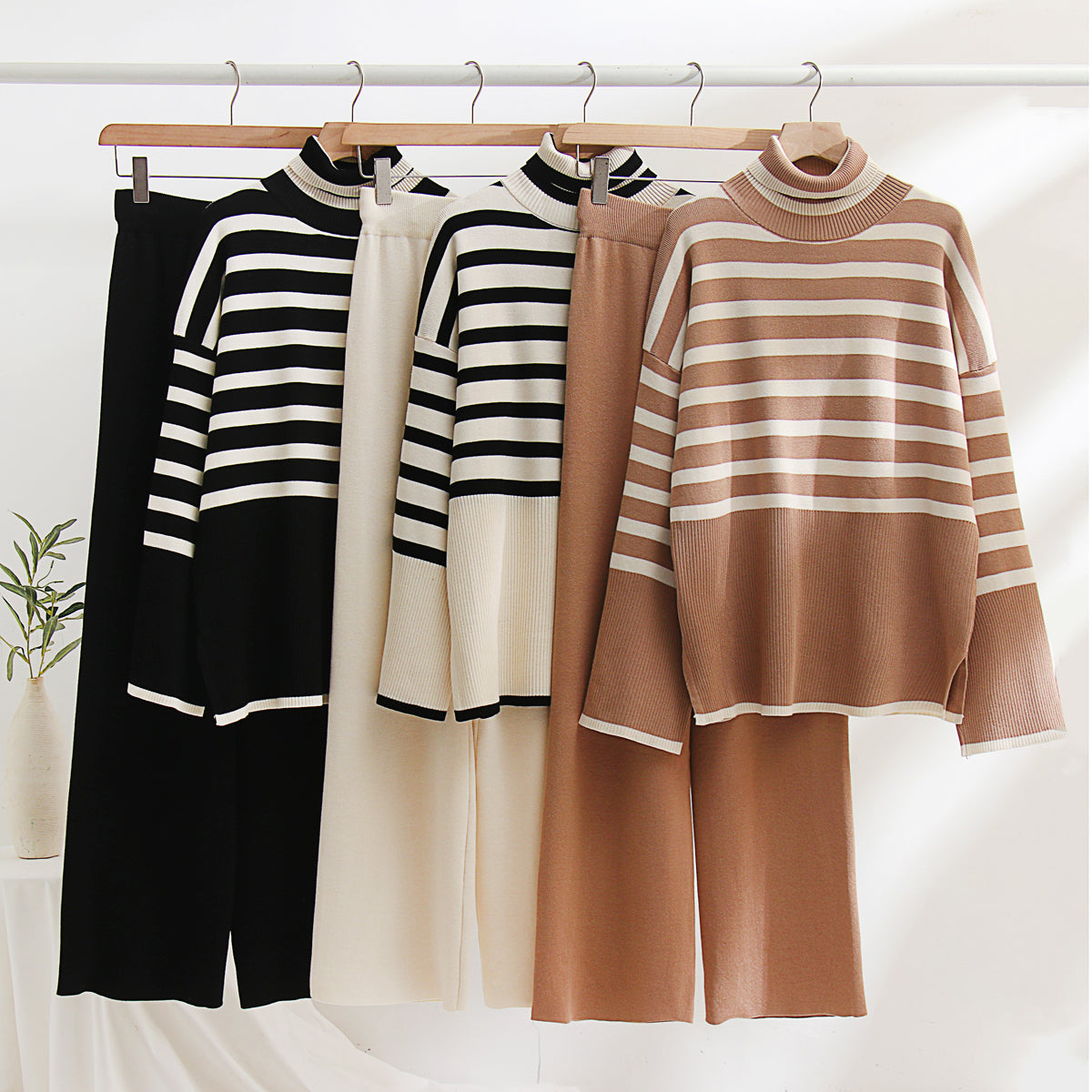 Cozy Winter Oversized Stripe Knit Two-Piece Sweater Set with Warm Turtleneck Pullover and Long Sleeve Casual Autumn Lounge Wear