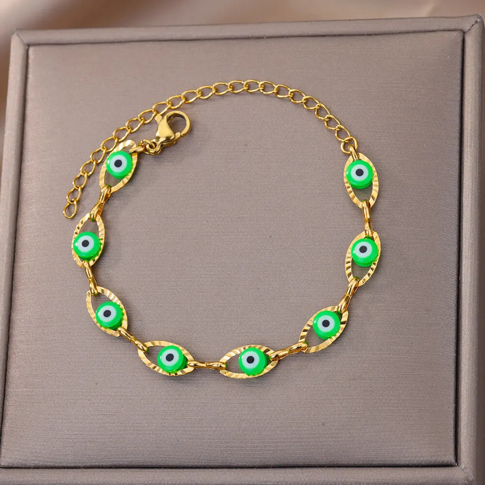 Gothic Rainbow Evil Eye Bracelet for Women Stainless Steel Gold Color Turkish Charm Chain Jewelry