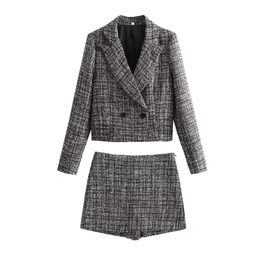 Casual Checkered Two-Piece Women's Suit Set with Short Coat and Half Skirt for Stylish Versatile Wear