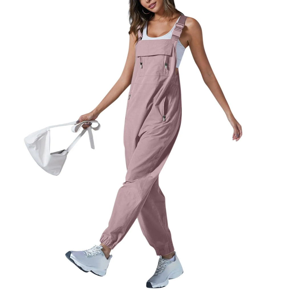 Women's Summer Casual Loose Wide Leg Jumpsuit with Adjustable Straps Pockets and Retro Button Detail Solid Color Sleeveless Overalls