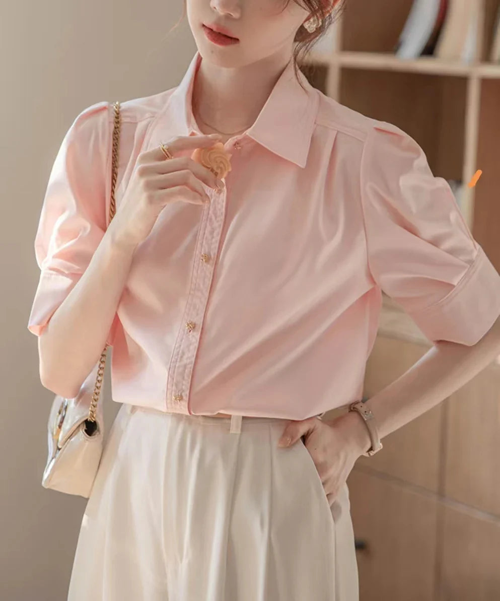 Elegant Summer Short Sleeve Office Shirt for Women Solid Color Basic Button-Up Blouse Stylish and Comfortable Female Workwear Top