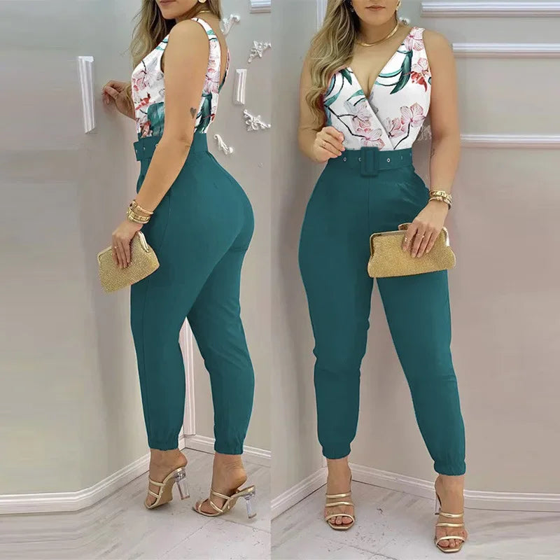 Summer V-Neck Backless Printed High Waist Jumpsuit for Women Sexy Bodysuit Overalls Streetwear Elegant Fit