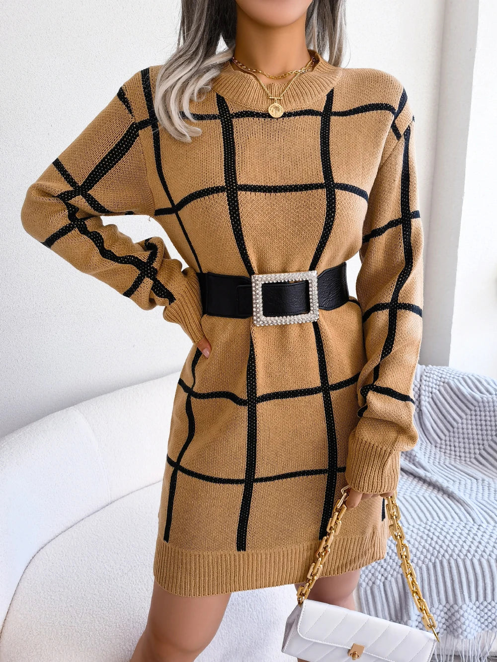 Women Plaid Knitted Sweater Dress Long Sleeve Casual Wear