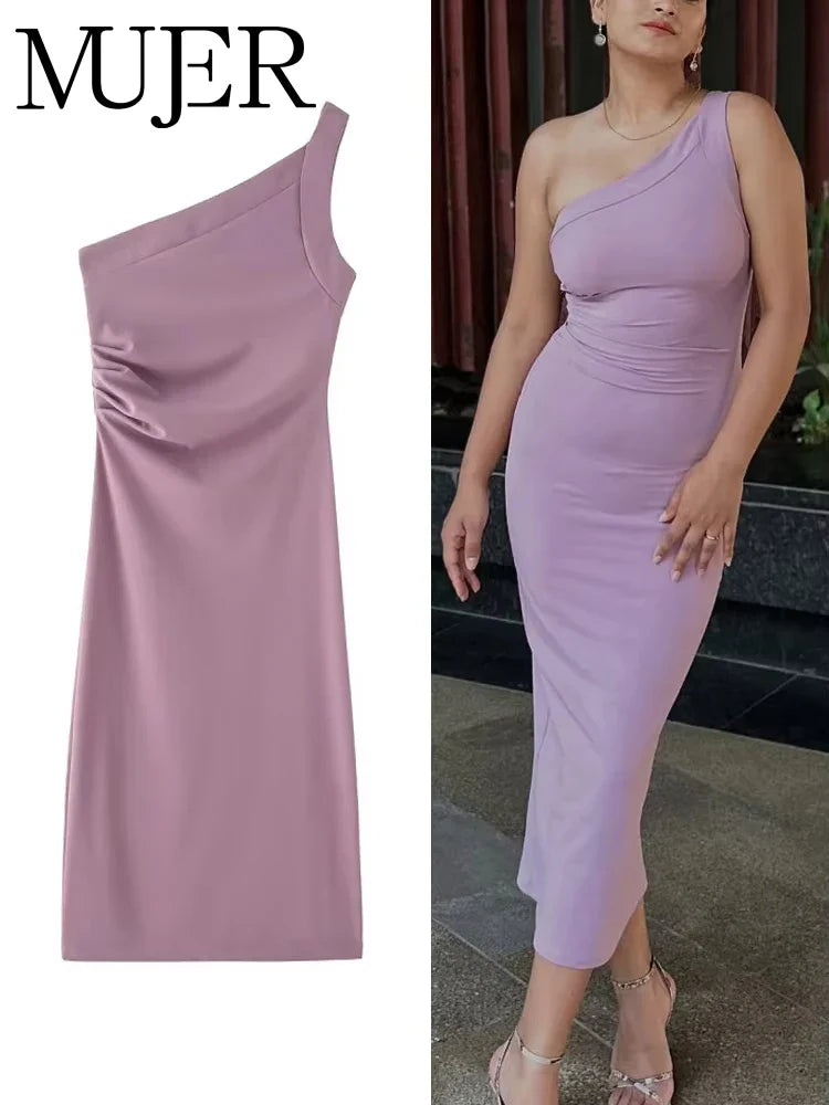 Asymmetric Pleated Off Shoulder Midi Dress For Women