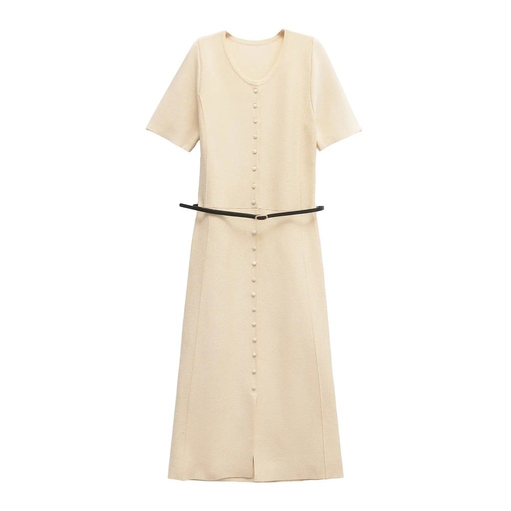 Knitted Belted Midi Dress For Women High Waist A Line