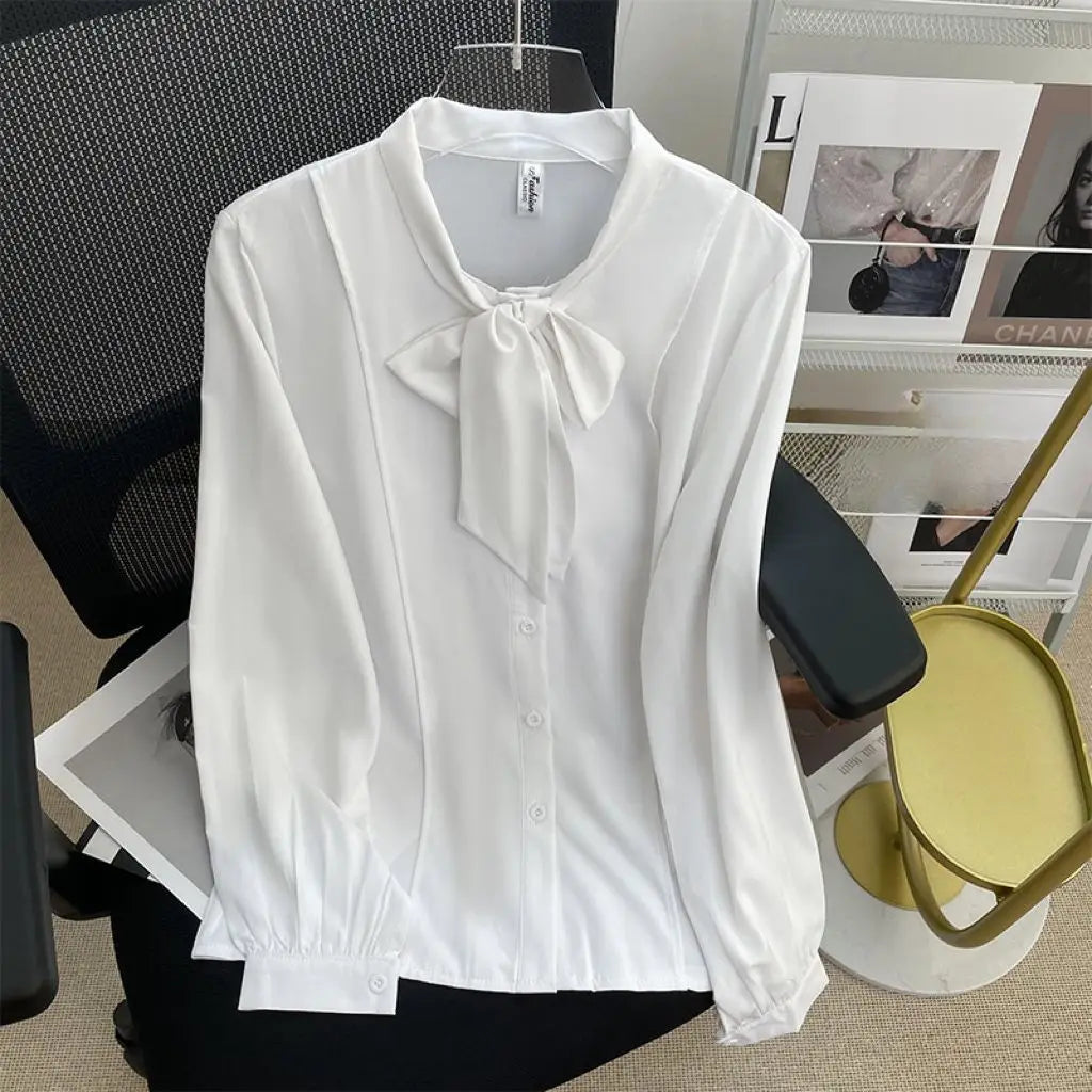 Women's White Chiffon Long Sleeve Blouse Elegant Korean Style Office Shirt Lightweight Temperament Workwear Top