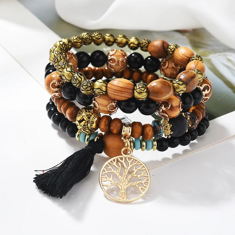 4Pcs Bohemian Tree Of Life Beaded Bracelet Set For Women Handmade Wood Beads Boho Jewelry