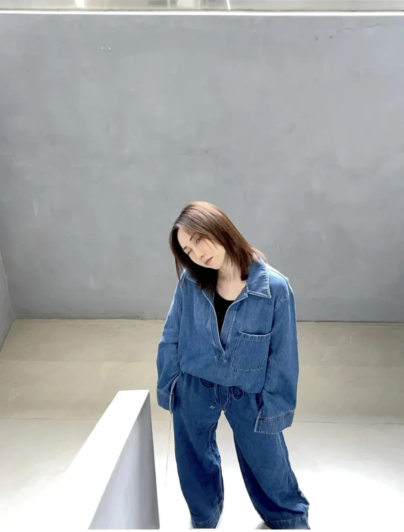 Casual Open Collar Denim Top with Pocket and Loose Wide Leg Drawstring Waist Denim Pants Two Piece Set for Women