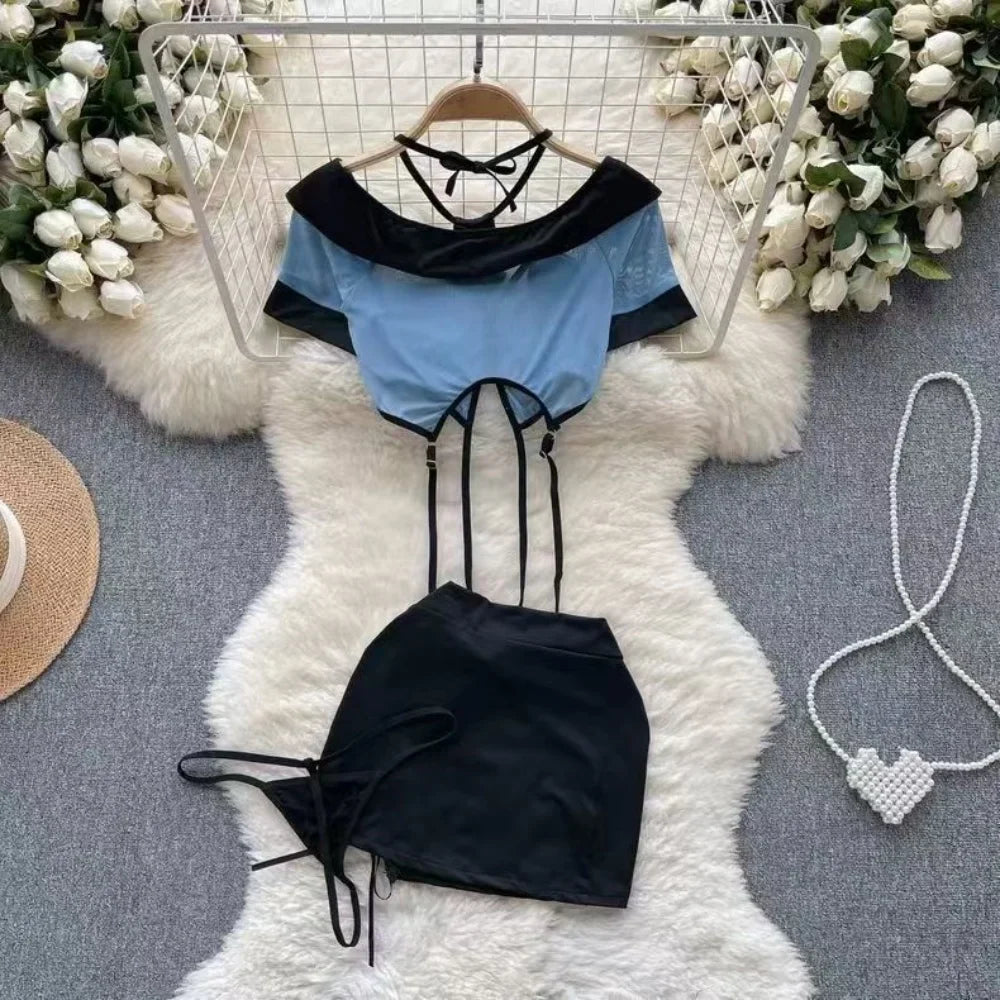 Women Preppy Sexy Uniform Set Sheer V Neck Top Lace Up Mini Skirt Hollow Out Thong Lingerie Cosplay Costume