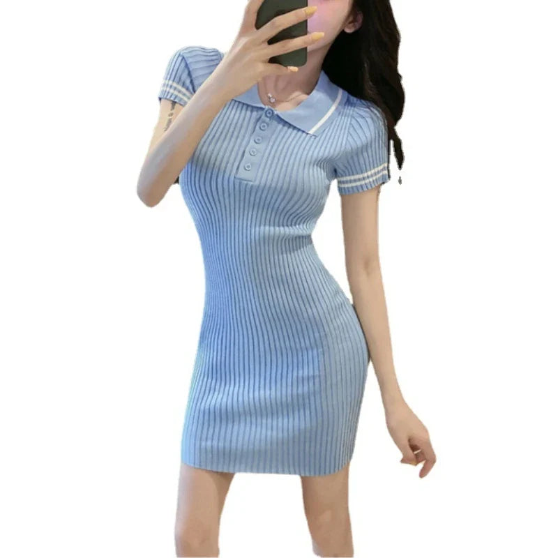 Preppy Style Cotton Knit Dress Turn Collar Short Sleeve
