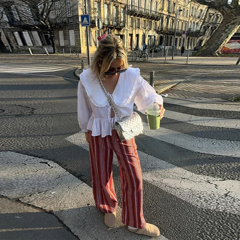 Women's Sweet Solid White Blouse with Front Bow Lace-Up Long Sleeves Elegant Casual Summer Top