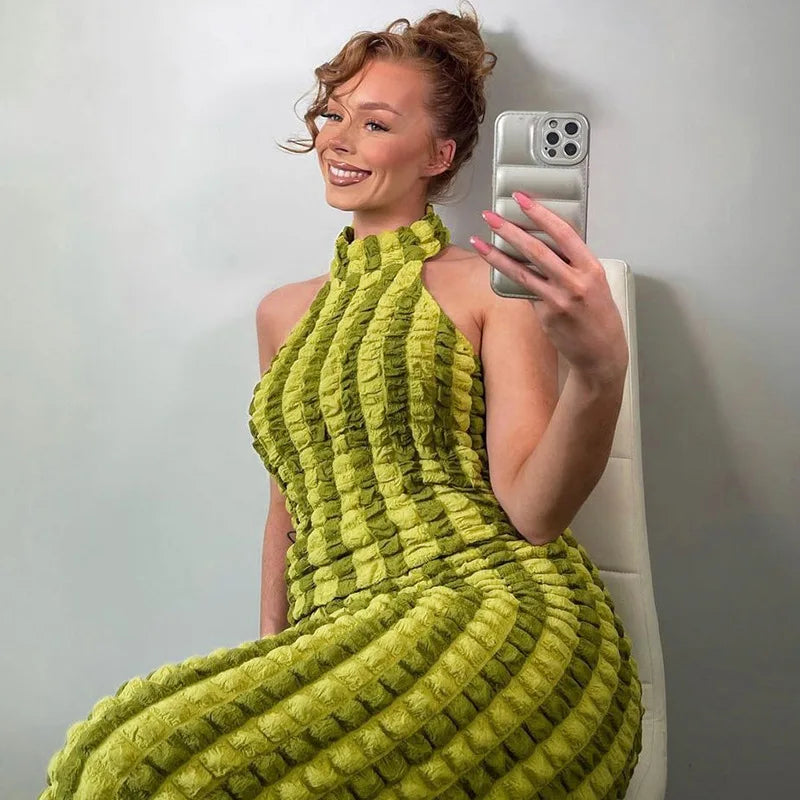 Y2K Patchwork Halter Backless Bodycon Maxi Dress For Women