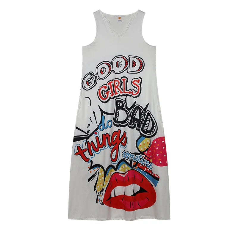 Retro Letter Print Sleeveless Dress With V Neck Style