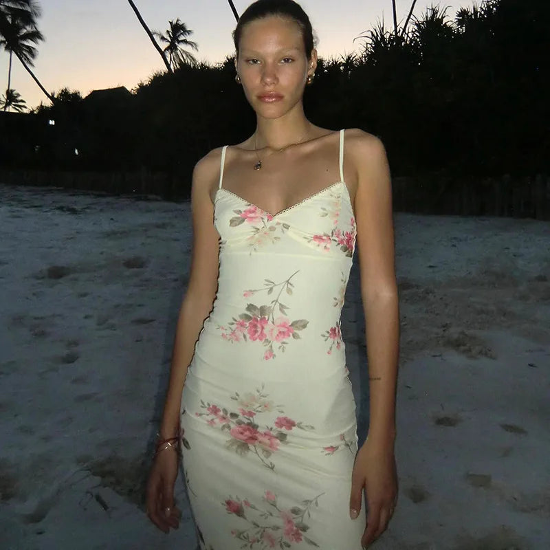 Floral Print Strap Midi Dress Bodycon Party Evening