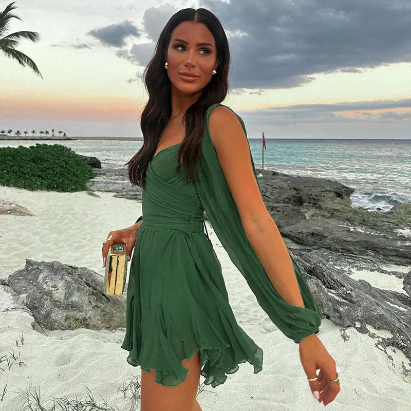 Off Shoulder V Neck Mini Dress For Women Long Sleeve Sheath