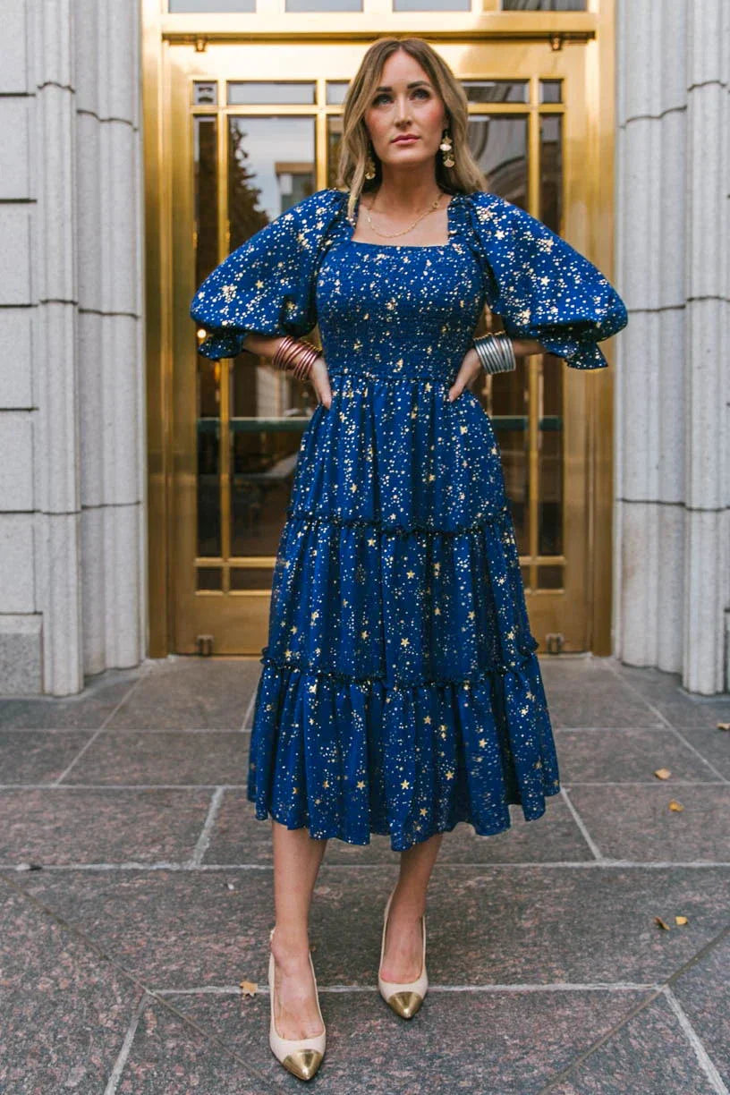 Floral Print Maxi Dress For Women Blue Half Sleeve Summer