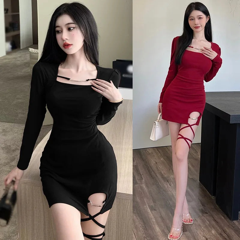 Red Off Shoulder Square Collar Party Dress With Long Sleeve