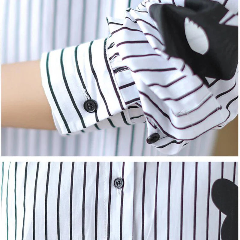 Women's Turn-Down Collar Flower Stripe Long Sleeve Loose Fit Blouse Casual Single Breasted White Vintage-Inspired Shirt Top