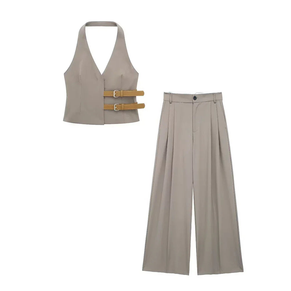 Women's Two-Piece Suit Set with Belt Halter V-Neck Top and High-Waisted Pleated Pants