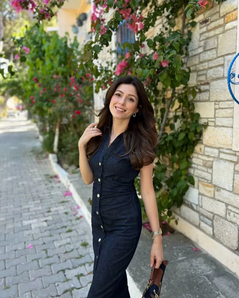 Fitted Denim Midi Shirt Dress With V Neck Long Sleeve