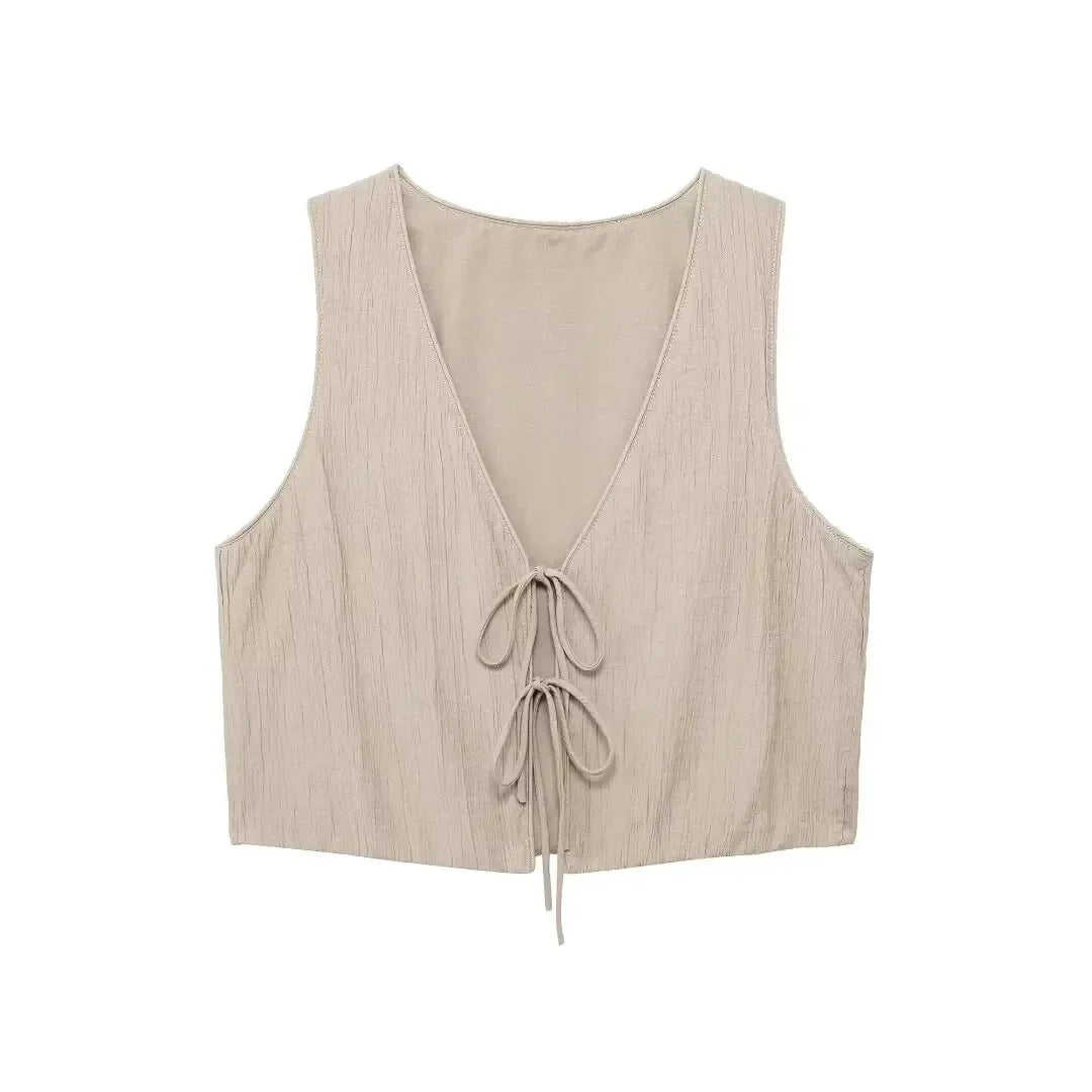 Women Textured Sleeveless Lace-Up Vest Top and High Waist Drawstring Skirt Set with Side Pockets